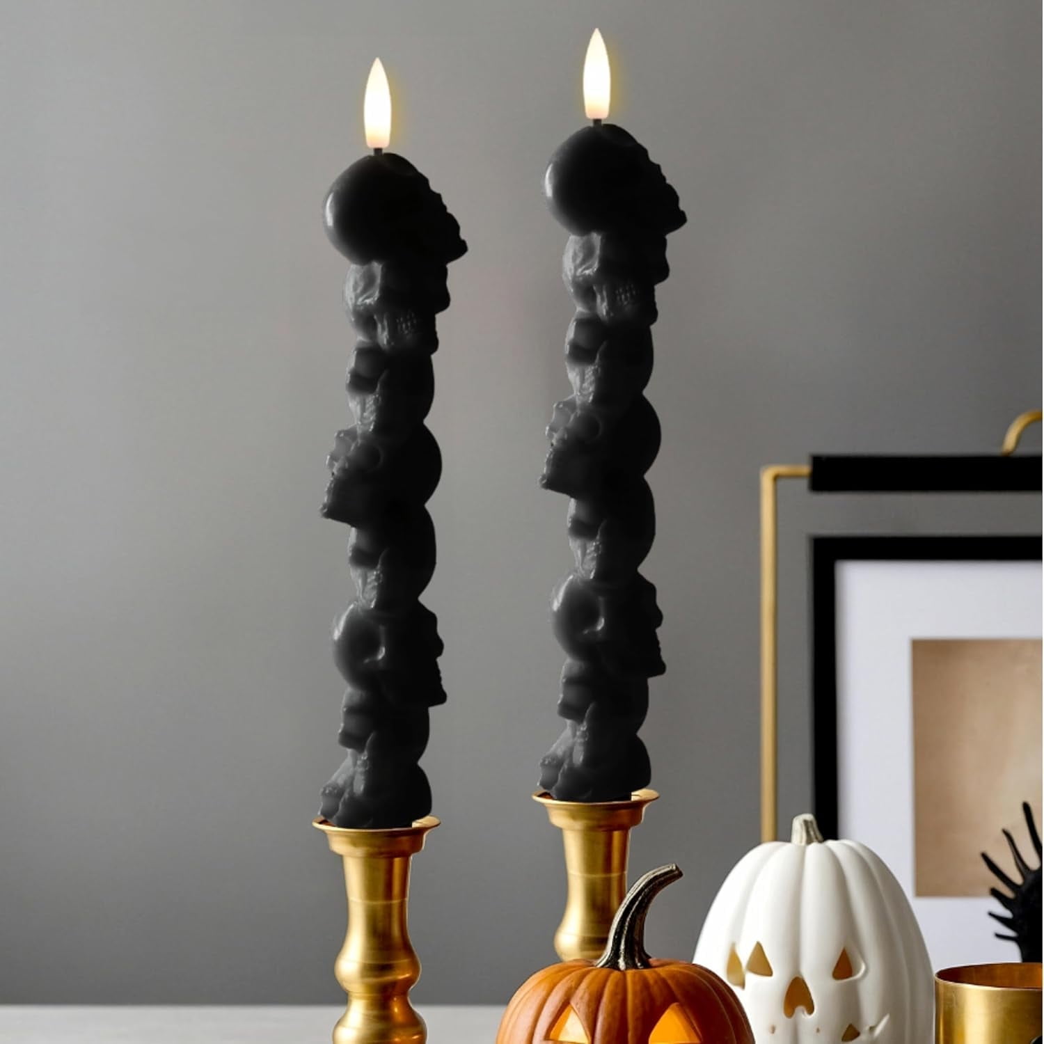LumiPur Signature Halloween Collection Natural Glow Flickering Flameless LED Wax Taper Candle 1" x 9" (Skulls - Black, 2-Pack)
