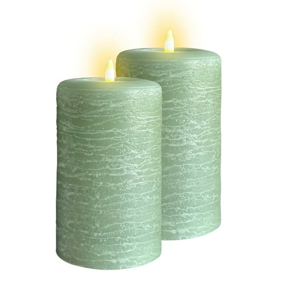 LumiPur Signature Natural Glow Flameless Wax Pillar 2 Pack LED Candle 3.5" x 7" Sage Green