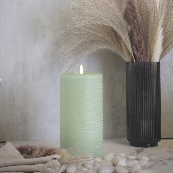 LumiPur Signature Natural Glow Flickering Flameless LED Wax Pillar Candle (4" x 8", Sage Green)