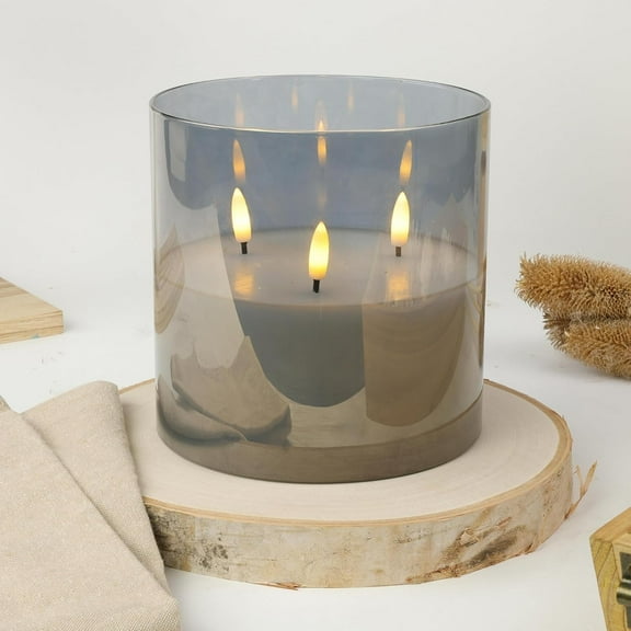 LumiPur XL Premium Design Series Glass Natural Glow 3-Wick Flameless LED Candle, 6" x 6", Silver