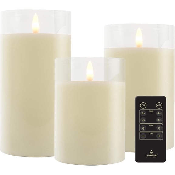 LumiPur XL Premium Design Series Glass Natural Glow Flameless LED Candle 3 Pack with Remote Control, 3.5" x 5" 6" 7", Linen White