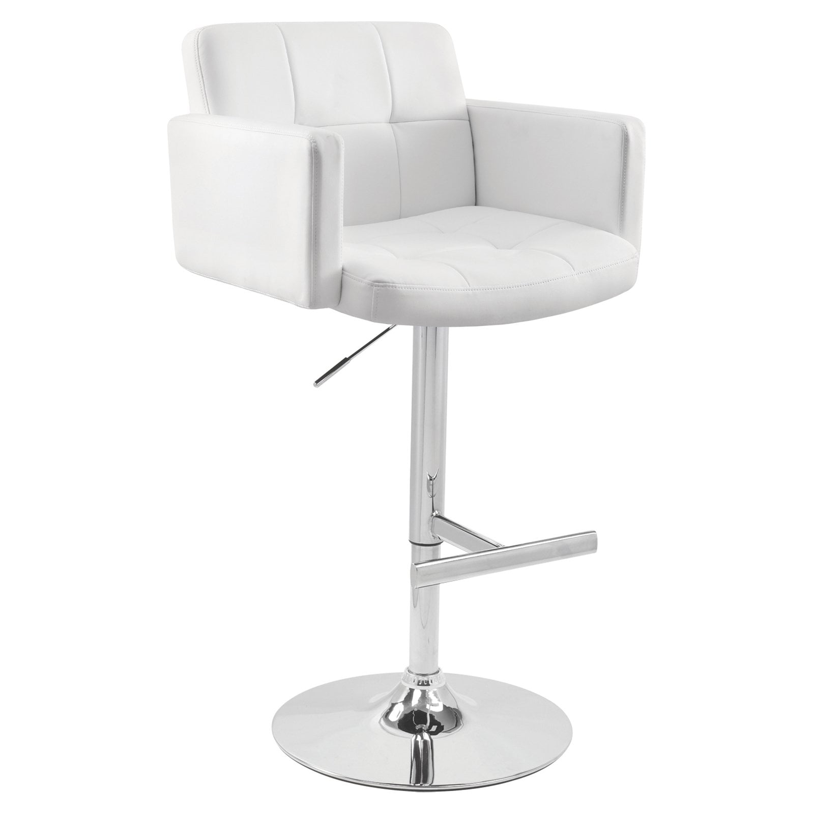 Adjustable White Faux Leather Swivel Bar Stool with Metal Base