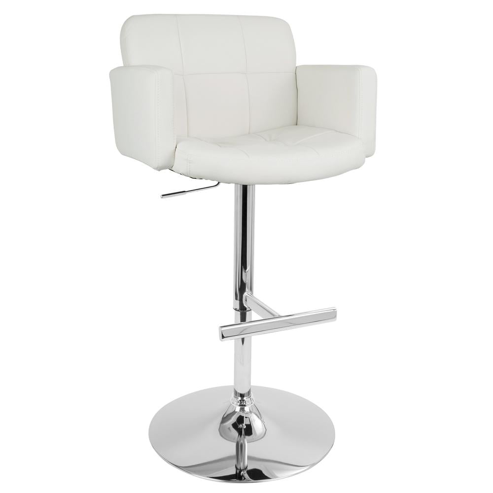Adjustable White Faux Leather Swivel Bar Stool with Metal Base