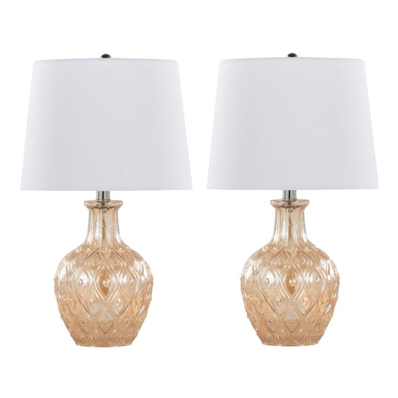 20.5" Champagne Glass Table Lamp w/ Patterned Base & Off-White Linen Shades (Set of 2)