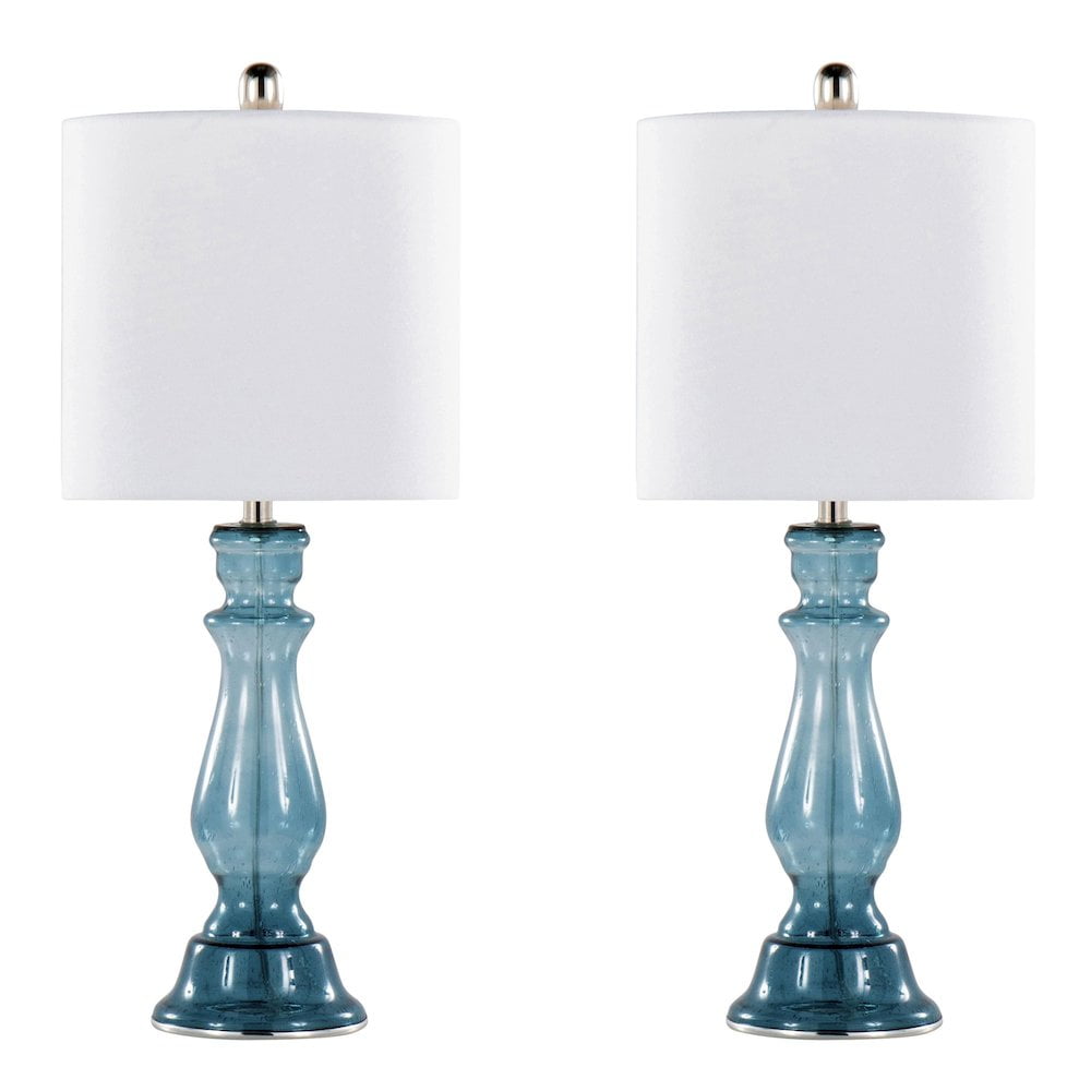 Set of 2 Blue Seeded Glass Table Lamps with White Linen Shade