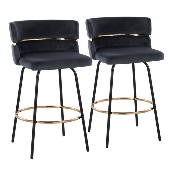 Cinch 26" Contemporary Fixed-Height Counter Stool with Swivel in Black Metal and Black Velvet with Round Gold Footrest by LumiSource - Set of 2
