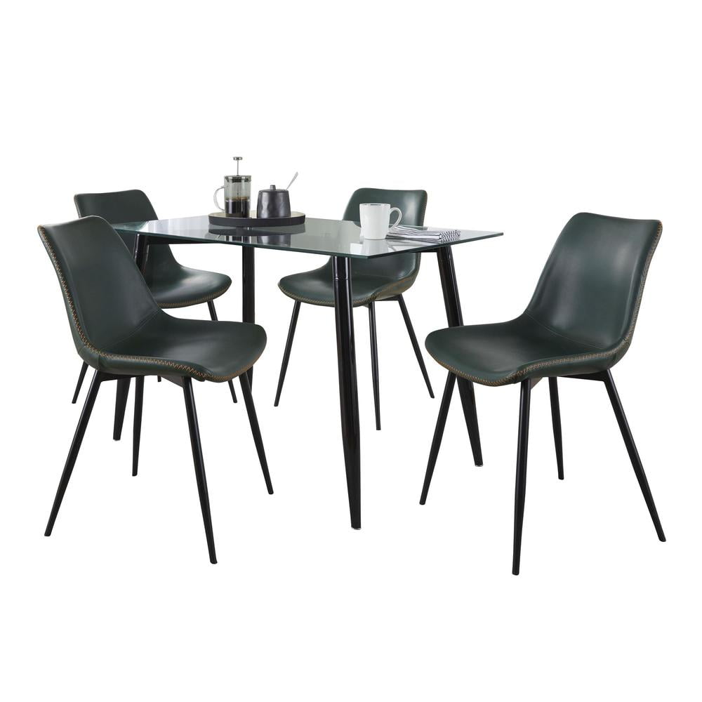 5-Piece Black Metal and Green Faux Leather Dining Set with Glass Top