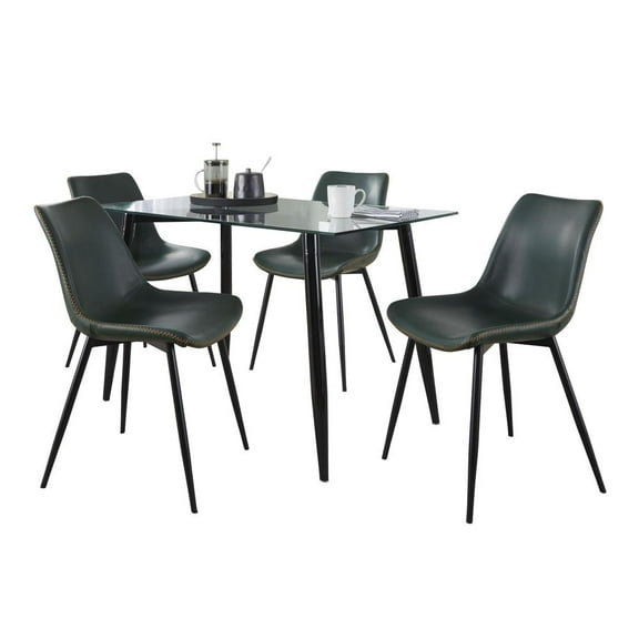 Clara-Durango Contemporary Dining Set in Black Metal, Clear Glass and Green Vintage Faux Leather with Orange Zig Zag Stitching - 5 Piece