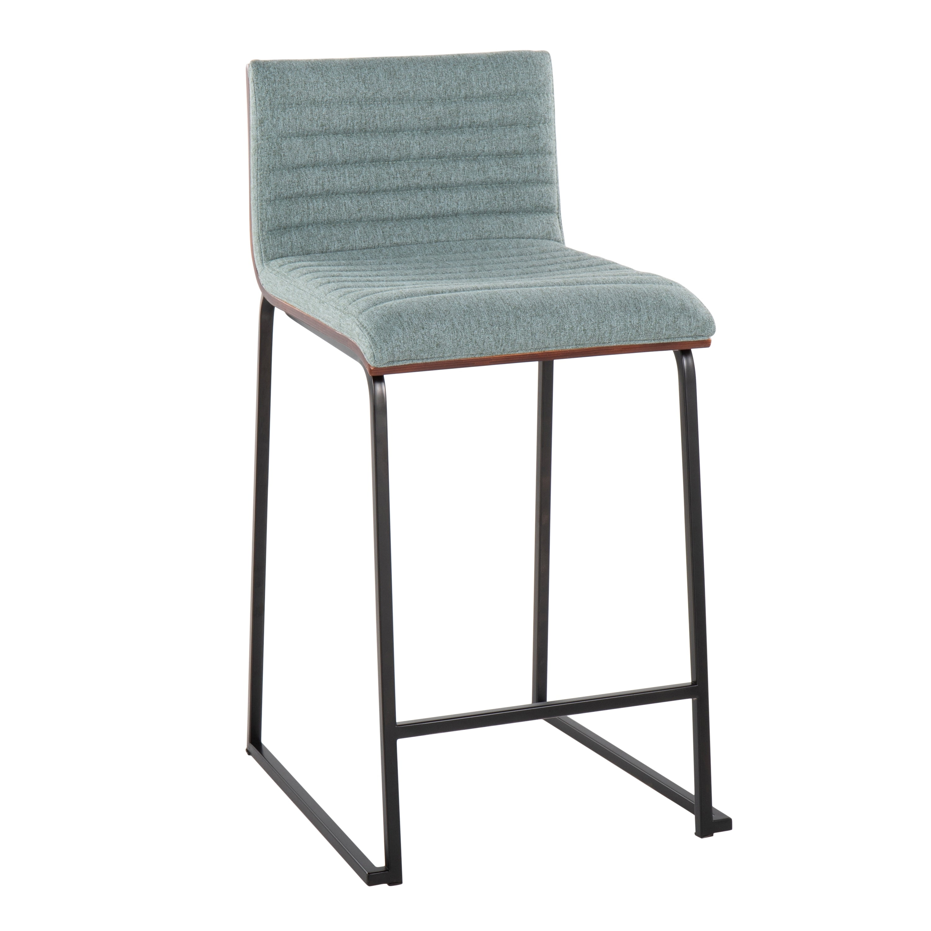 Green Upholstered Walnut Wood and Metal Counter Stools, Set of 2