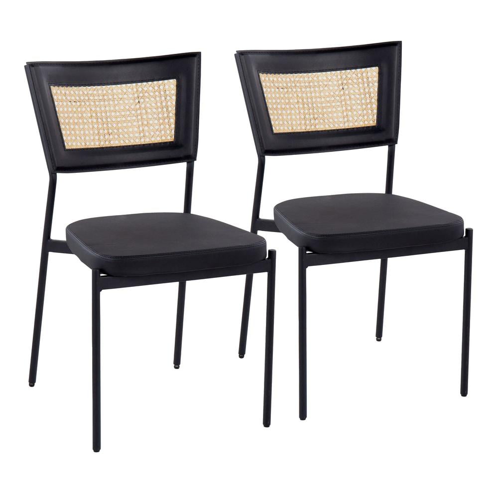 Black Faux Leather and Rattan Side Chair Set with Metal Frame