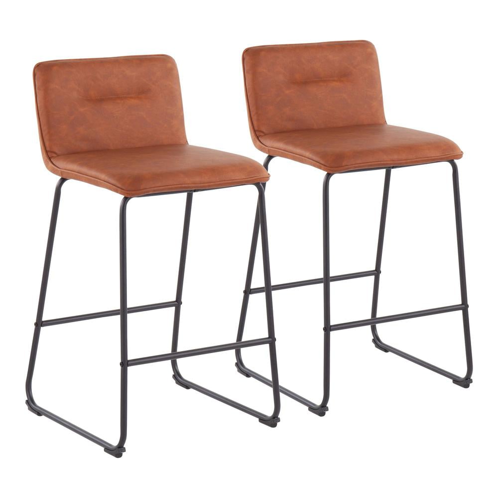 Camel Faux Leather and Black Metal Counter Stools, Set of 2