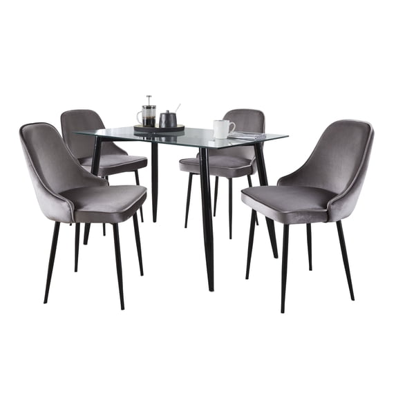 Clara-Marcel Contemporary Dining Set in Black Metal, Clear Glass and Silver Velvet - 5 Piece