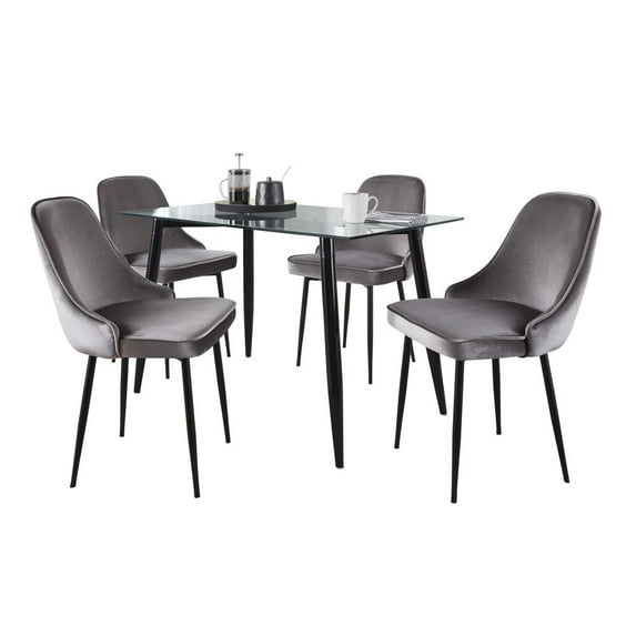 LumiSource Black Metal, Clear Glass, Silver Velvet Clara-Marcel Dining Set - 5 Piece
