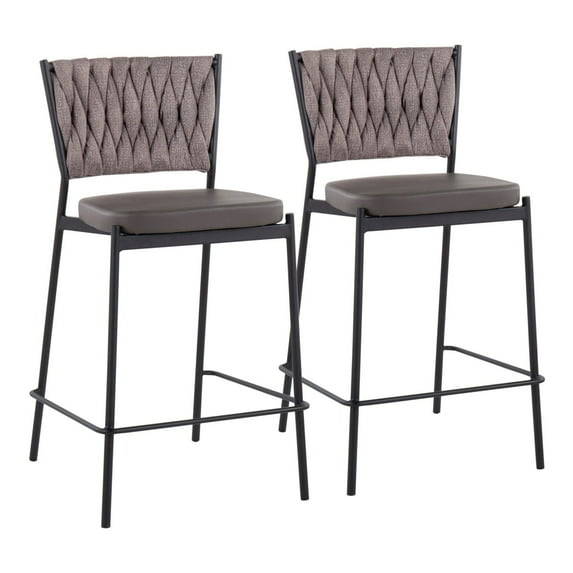 LumiSource Black Metal, Grey PU, Light Brown Fabric Braided Tania Counter Stool - Set of 2