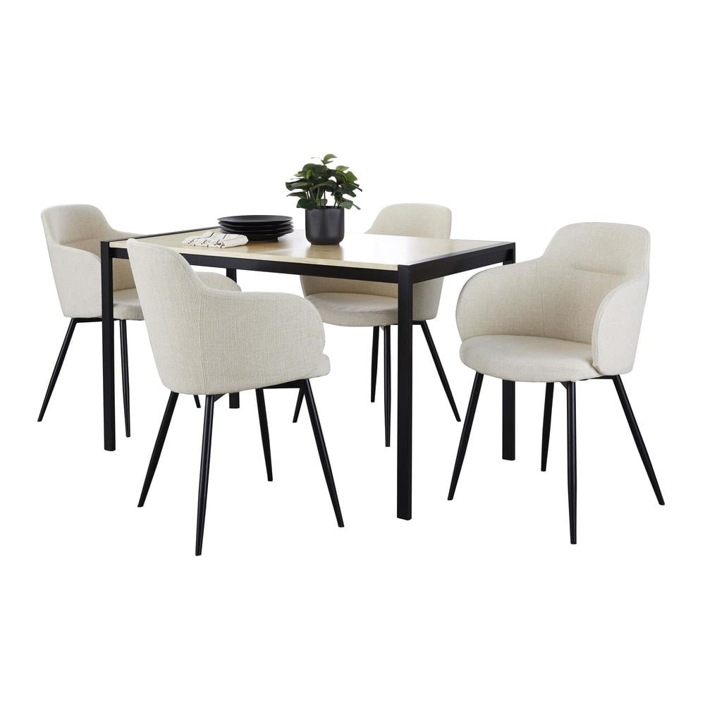Cream Upholstered 5-Piece Dining Set with Black Metal Legs