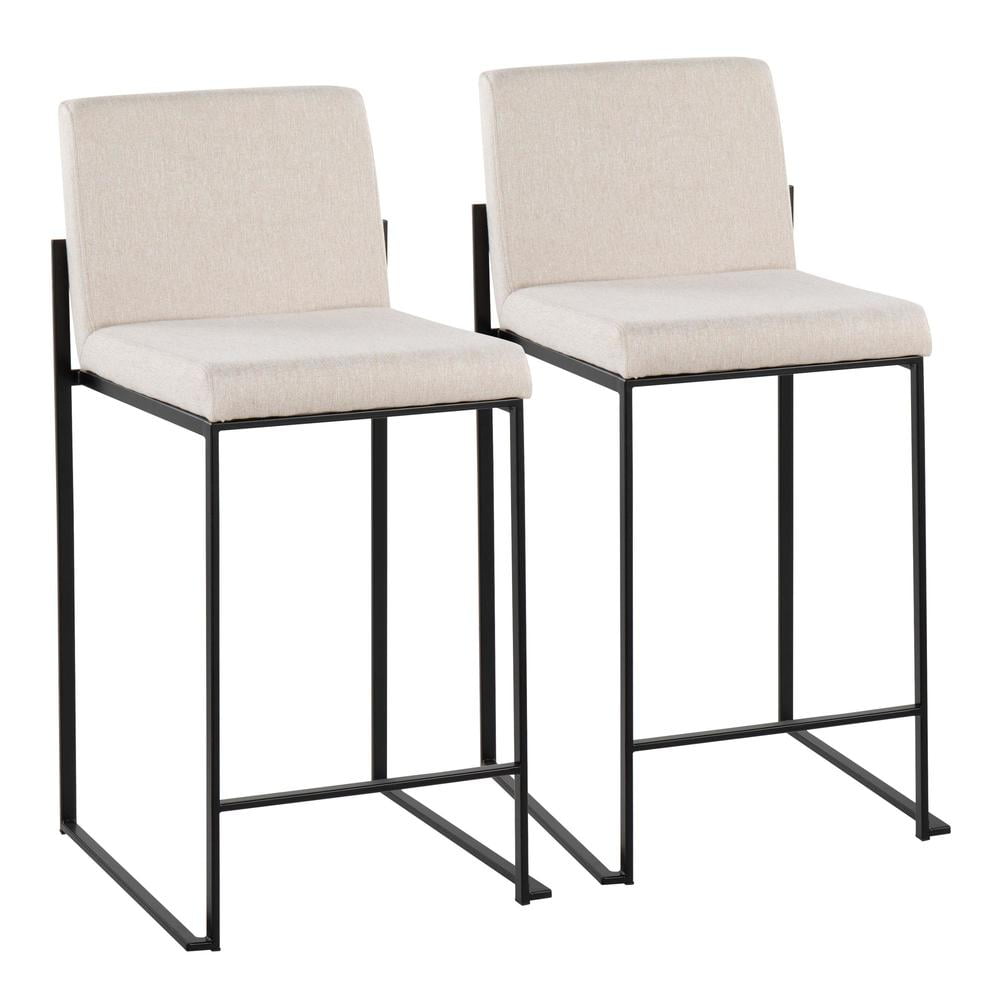 Set of 2 Beige Fabric and Black Steel High Back Counter Stools