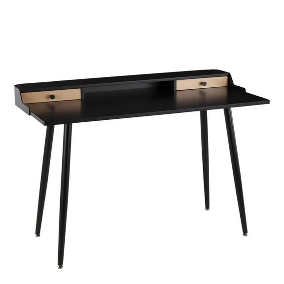 Harvey Contemporary Office Desk In Black Steel And Black And Natural Wood With Black Accents