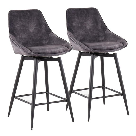 LumiSource Black Steel, Grey Velvet Diana Counter Stool - Set of 2