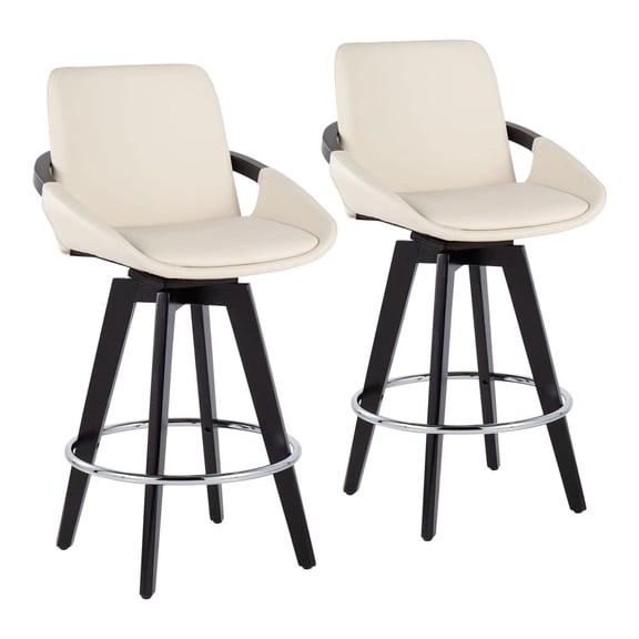LumiSource Black Wood, Chrome, Cream PU Cosmo Swivel Fixed-Height Counter Stool - Set of 2