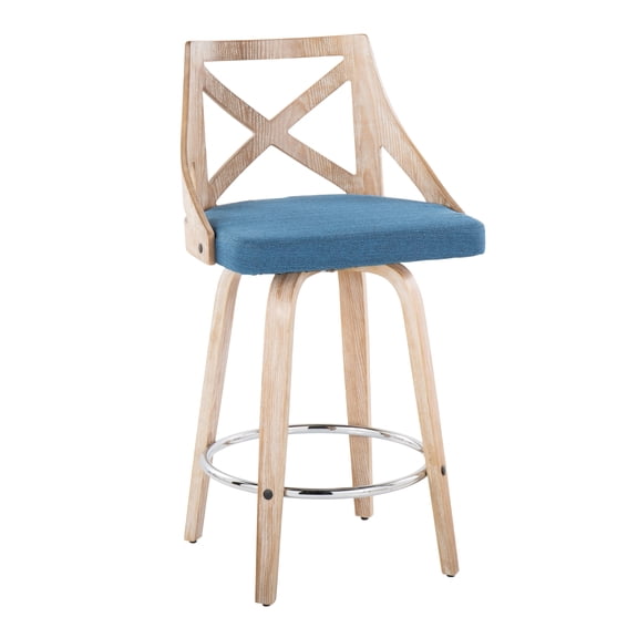 The Gray Barn Charlotte 26" Fixed-Height Counter Stool with Bent Wood Legs (Set of 2) Blue Fabric/White Washed Wood/Chrome Footrest Washed,Chrome