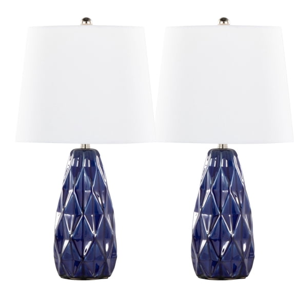 Hex 20" Contemporary Ceramic Accent Lamp in Estate Blue Ceramic, Polished Nickel and White Linen Shade - Set of 2