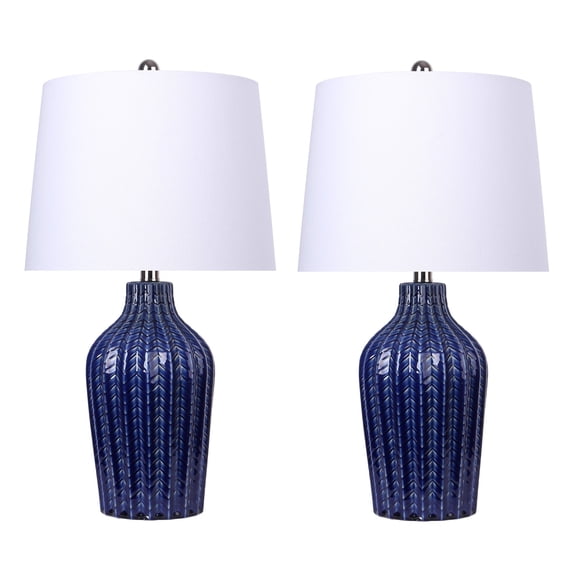 23.5" Dark Blue Ceramic Table Lamp w/ Vase-Inspired Base & Off-White Linen Shade (Set of 2)