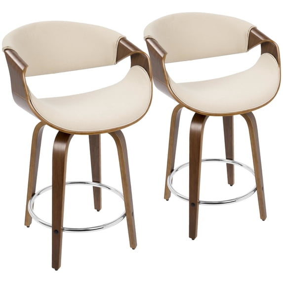 Curvini 24" Mid-Century Modern Fixed Height Counter Stool With Swivel In Walnut Wood And Cream Fabric - Set Of 2