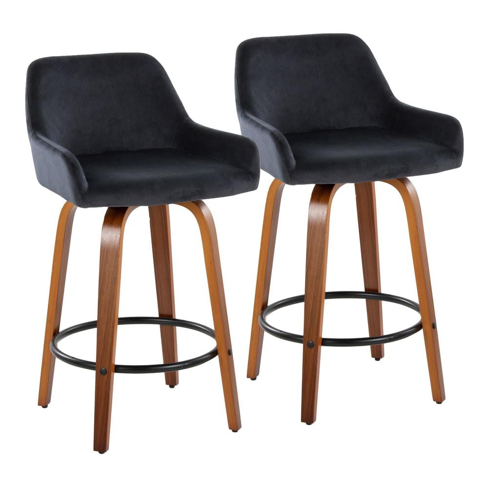 Black Velvet Swivel Counter Stool with Walnut Wood Legs