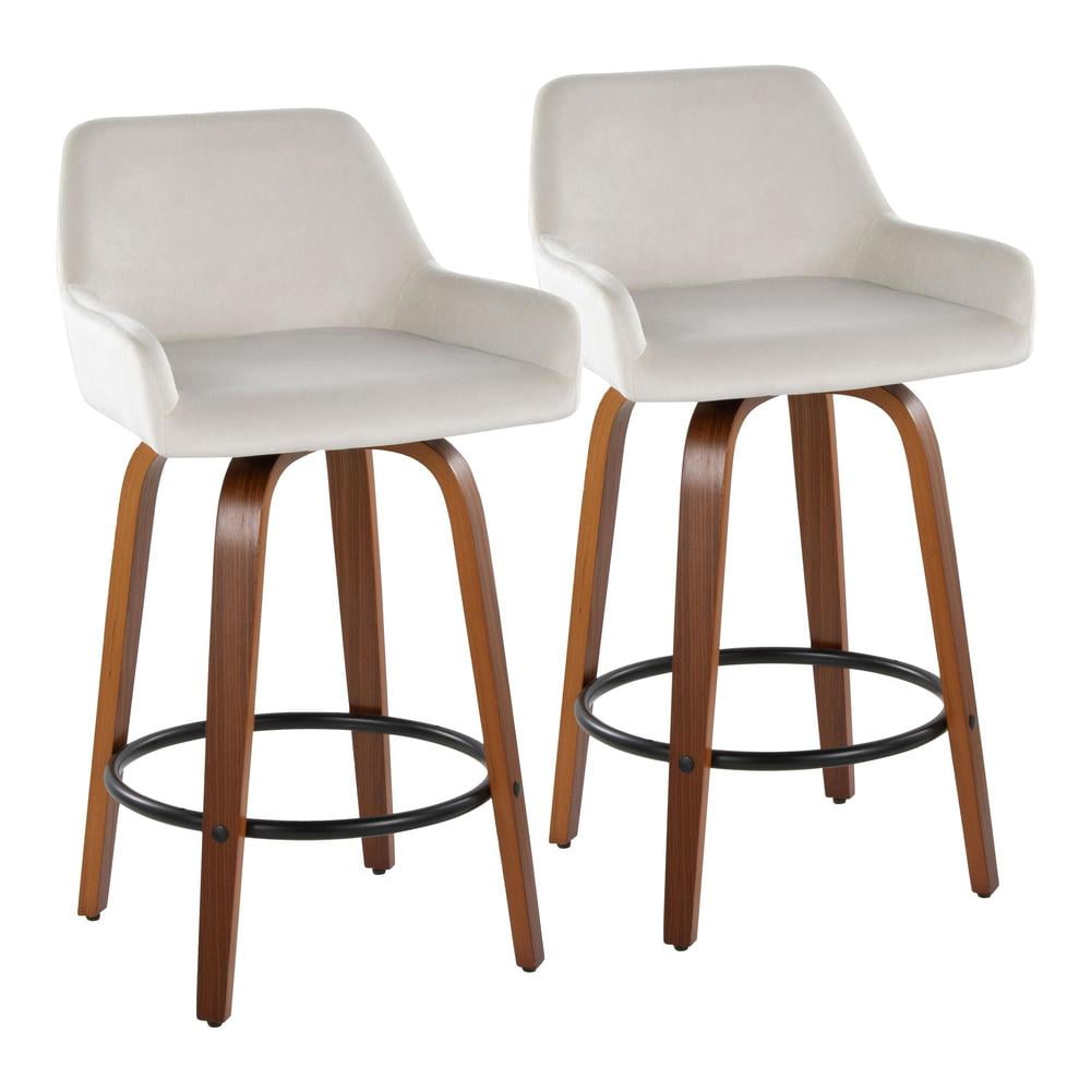 White Upholstered Swivel Counter Stool with Walnut Wood Legs