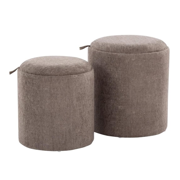 LumiSource Brown Fabric, Natural Wood Tray Nesting Ottoman Set