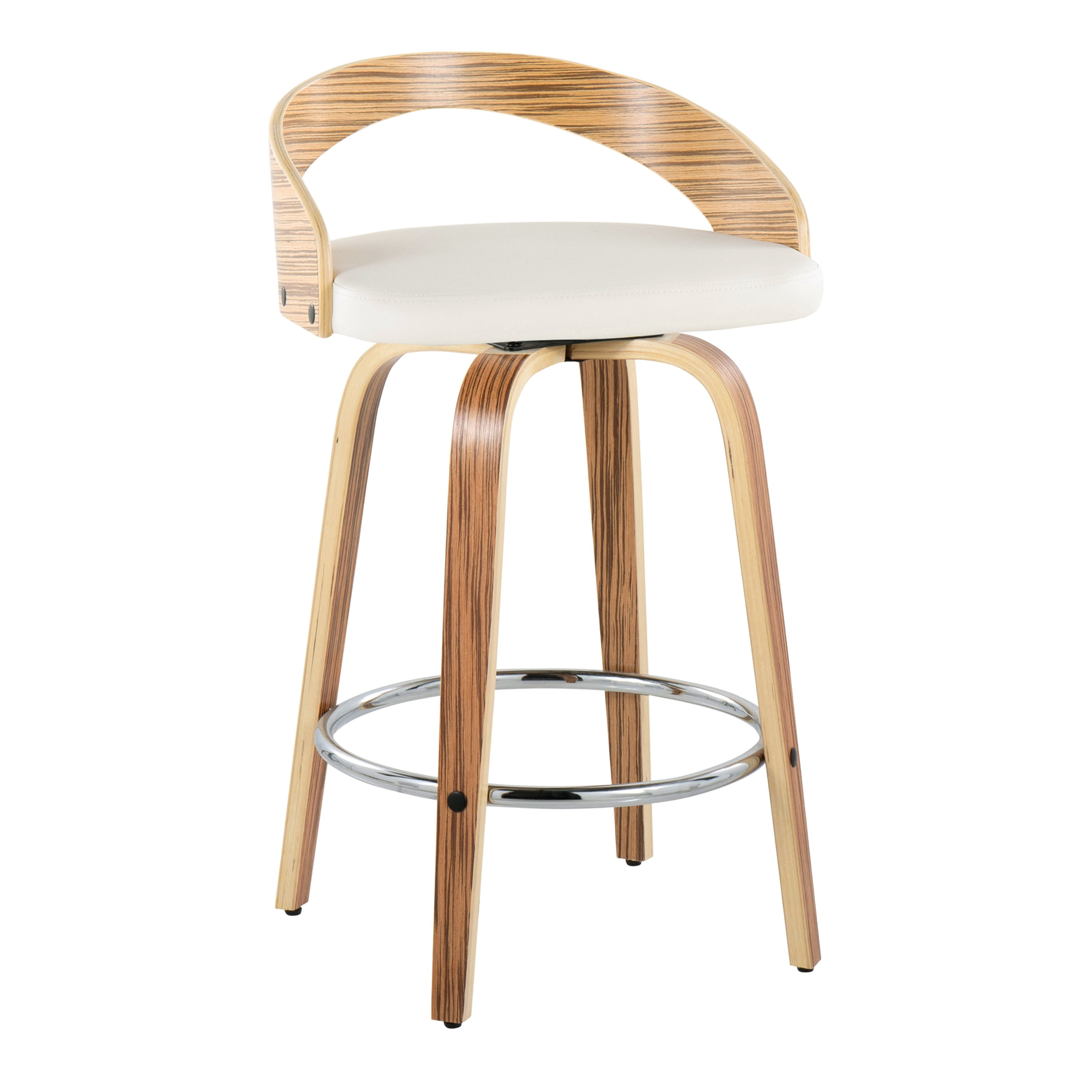 White PU and Zebra Wood Swivel Counter Stools with Chrome Footrest