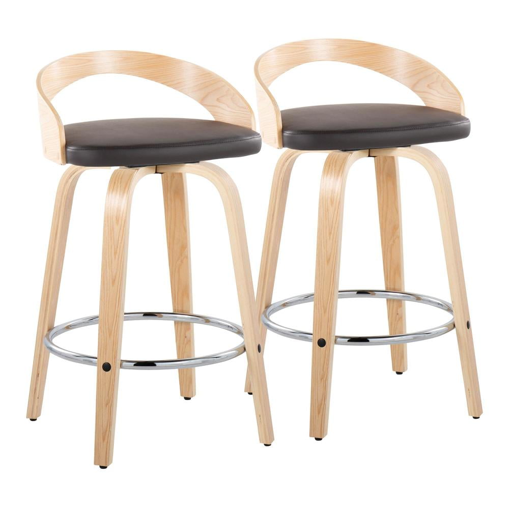 Natural Brown Chrome Swivel Wood and Leather Counter Stool