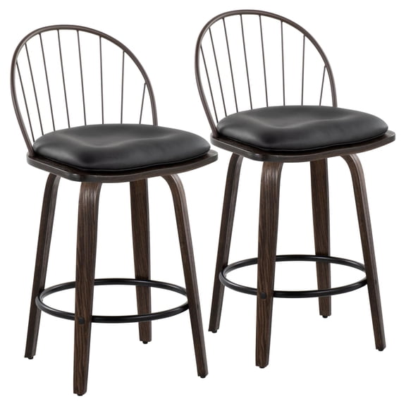 Riley 26" Farmhouse Fixed-Height Counter Stool In Walnut Glazed Wood, Bronze Metal And Dark Walnut Wood - Set Of 2