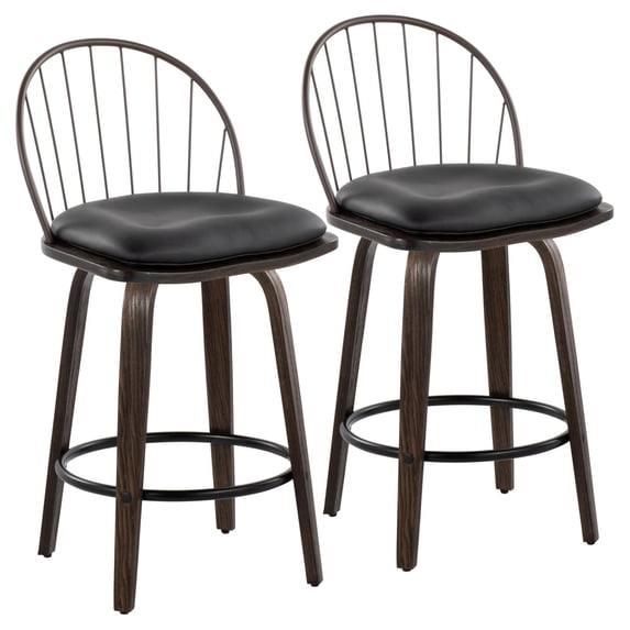 Riley 26" Farmhouse Fixed-Height Counter Stool In Walnut Glazed Wood, Bronze Metal And Dark Walnut Wood - Set Of 2