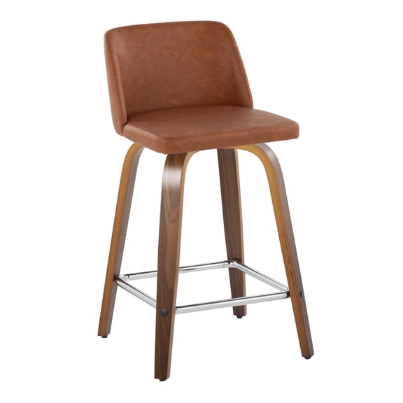 Carson Carrington Vallberga 24" Counter Stool with Walnut Wood Base (Set of 2) Camel Faux Leather/Square Chrome Footrest Chrome Finish, Walnut Finish