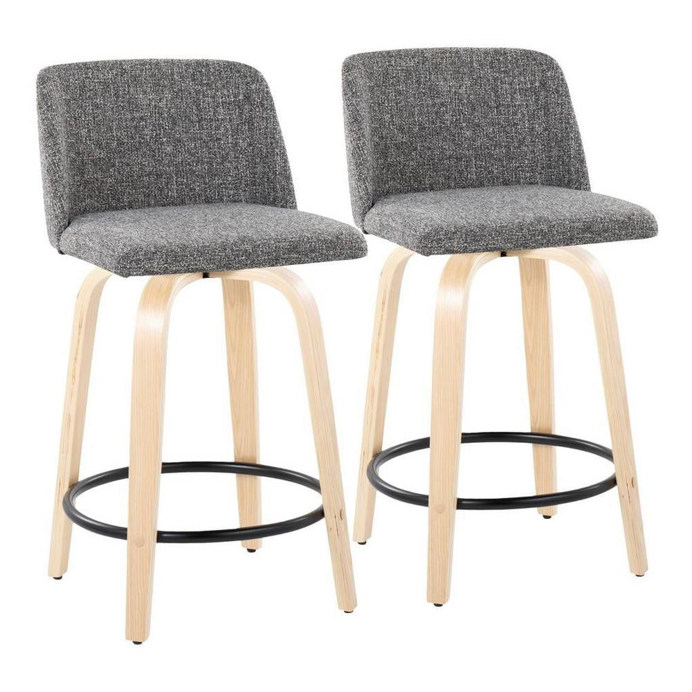 Gray and Natural Wood Swivel Counter Stool with Chrome Footrest