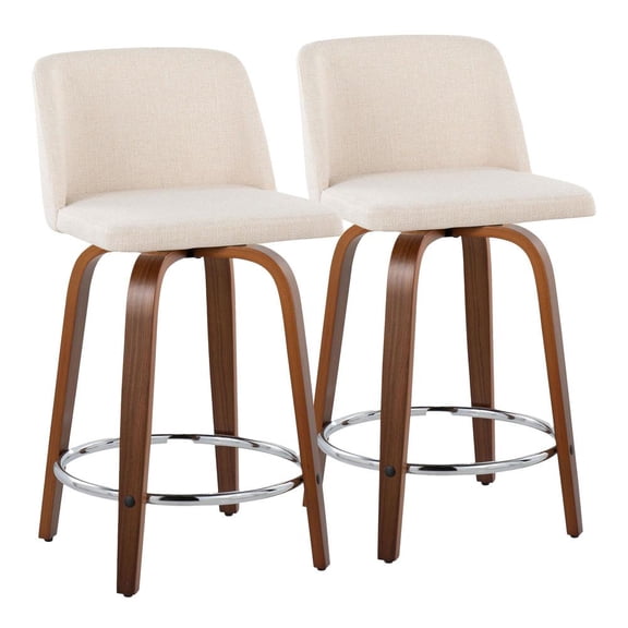 Carson Carrington  Vallberga 24" Counter Stool with Walnut Wood Base (Set of 2) Cream Noise Fabric/Round Chrome Footrest Chrome Finish, Walnut Finish