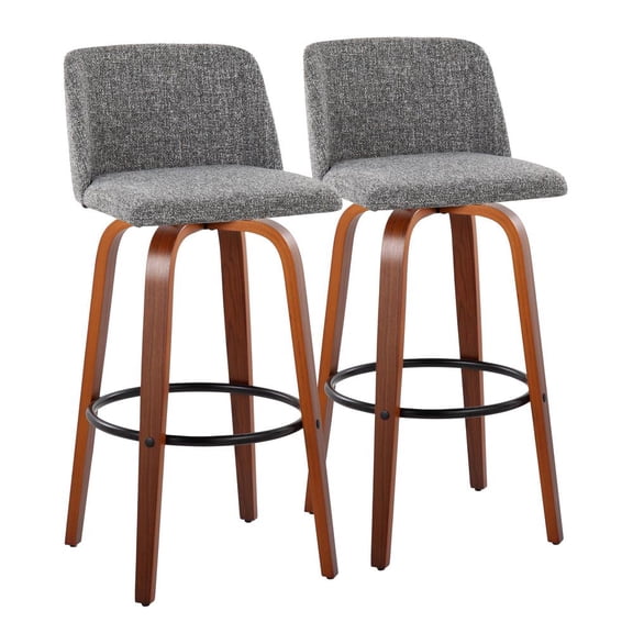 Carson Carrington Vallberga 30" Fixed-Height Bar Stool with Walnut Wood Base (Set of 2) Grey Noise Fabric/Round Black Footrest Black Finish, Walnut