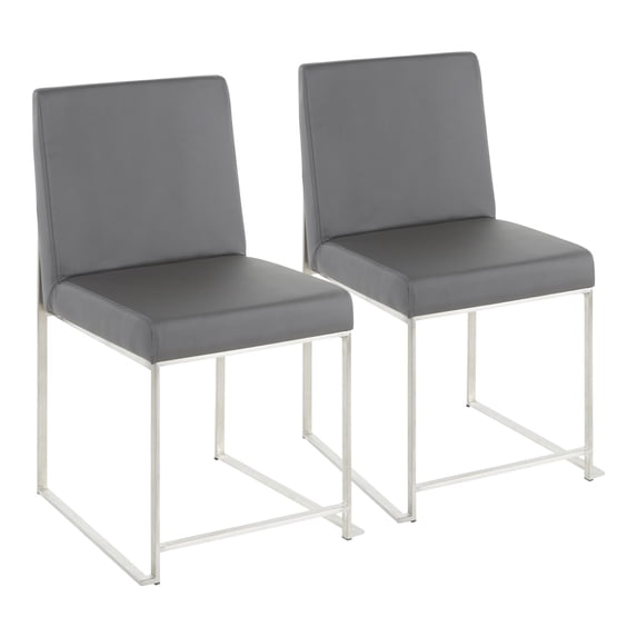 High Back Fuji Contemporary Dining Chair in Stainless Steel and Grey Faux Leather by LumiSource - Set of 2