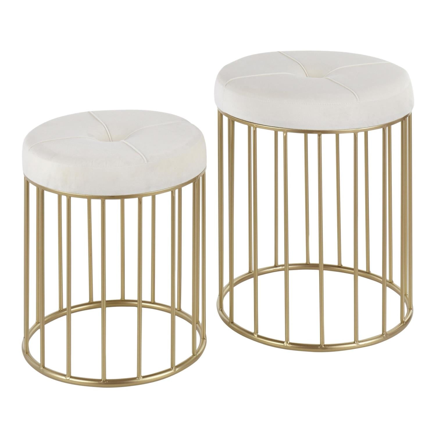 White Tufted Velvet and Gold Metal Nesting Ottomans