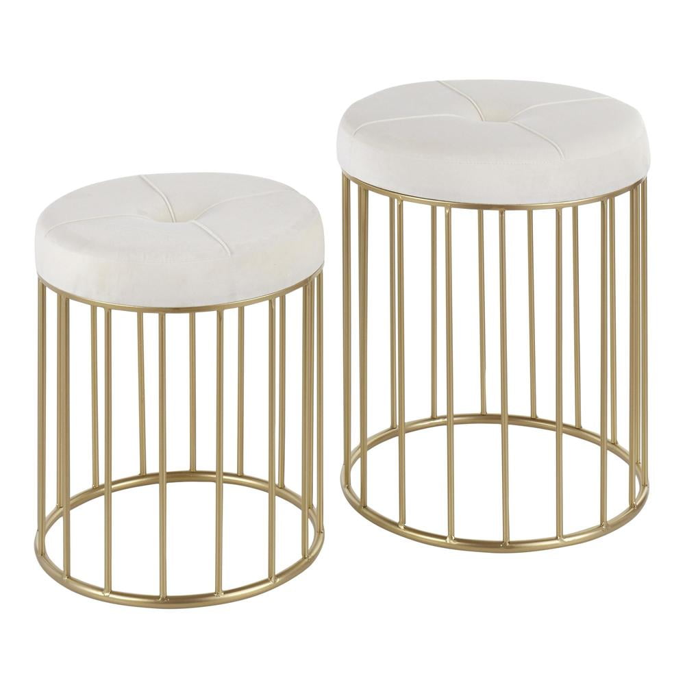 White Tufted Velvet and Gold Metal Nesting Ottomans