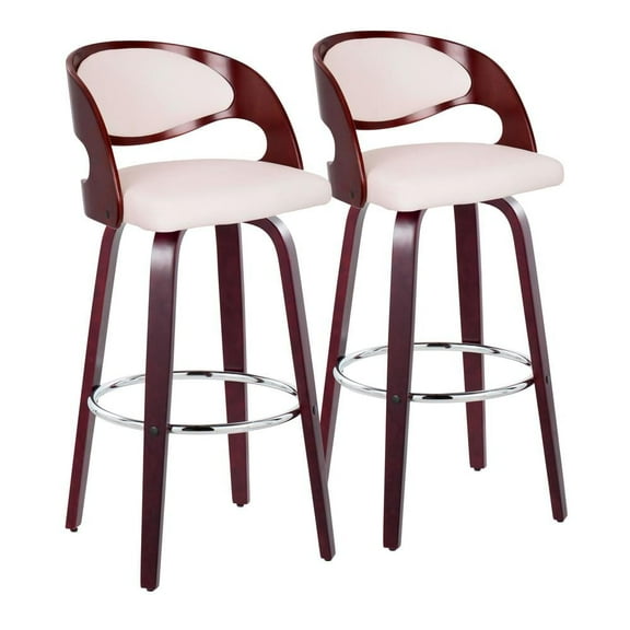 Pino 30" Fixed-Height Bar Stool, Mahogany Wood and White PU, Bar Chairs, Swivel Bar Stools, Bar Stools Set of 2