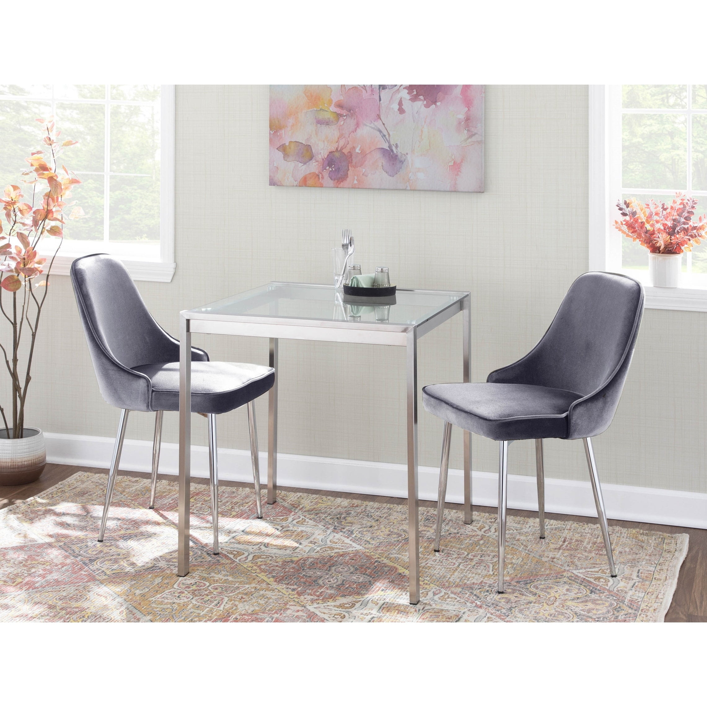 Chrome Blue Velvet Upholstered Parsons Side Chair Set