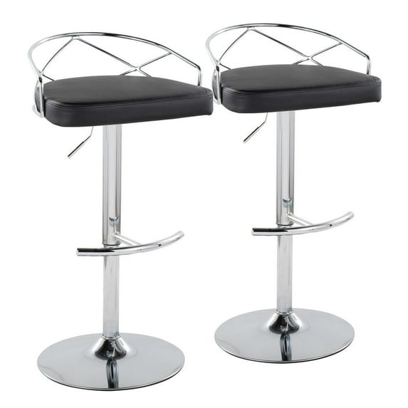 LumiSource Chrome Metal, Black PU Charlotte Glam Adjustable Barstool - Set of 2