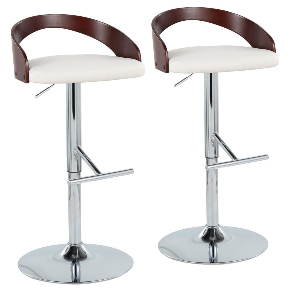 White Faux Leather Adjustable Swivel Barstool with Wood Backrest