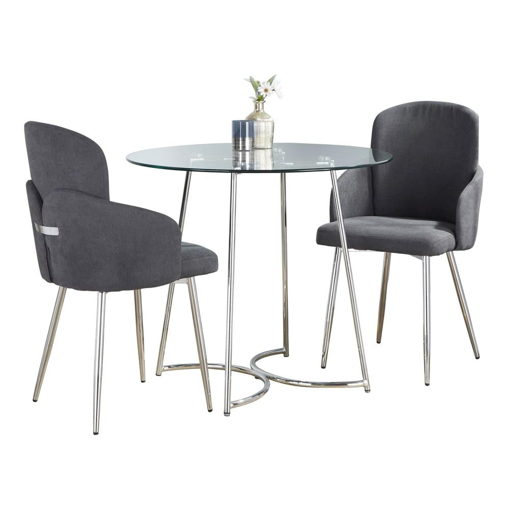 Chrome and Clear Glass Dining Set with Grey Fabric Chairs - 3 Piece