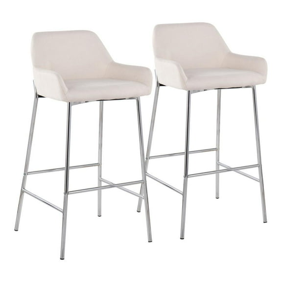 LumiSource Chrome Metal, Cream Fabric Daniella Fixed-Height Bar Stool - Set of 2