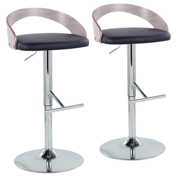 LumiSource Chrome Metal, Light Grey Wood, Black PU Grotto Adjustable Barstool - Set of 2