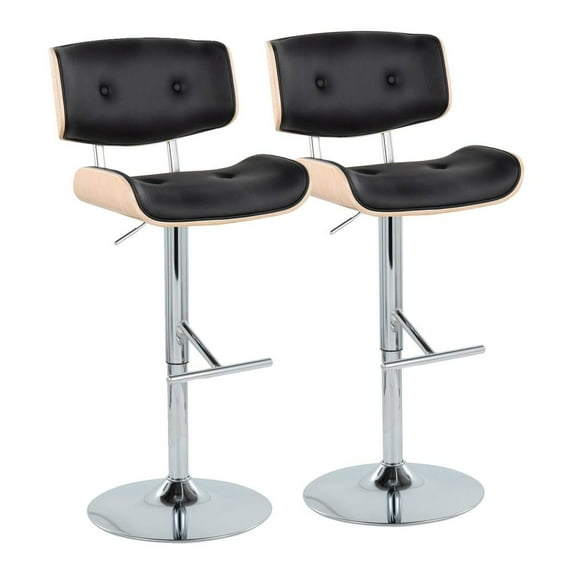LumiSource Chrome Metal, Natural Wood, Black PU Lombardi Adjustable Barstool - Set of 2