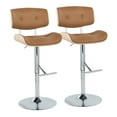 thumbnail image 1 of Lombardi Contemporary Adjustable Barstool with Swivel in Chrome Metal, Natural Wood and Camel Faux Leather with Straight T Footrest by LumiSource - Set of 2, 1 of 4